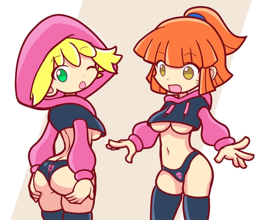 2girls amber_eyes amitie arle_nadja ass blonde_hair breasts brown_eyes furii_(artist) green_eyes large_breasts madou_monogatari meme_attire orange_hair paggi_outfit puyo_puyo puyo_puyo_artstyle puyo_puyo_fever sega thick_thighs thighhighs underboob yuri