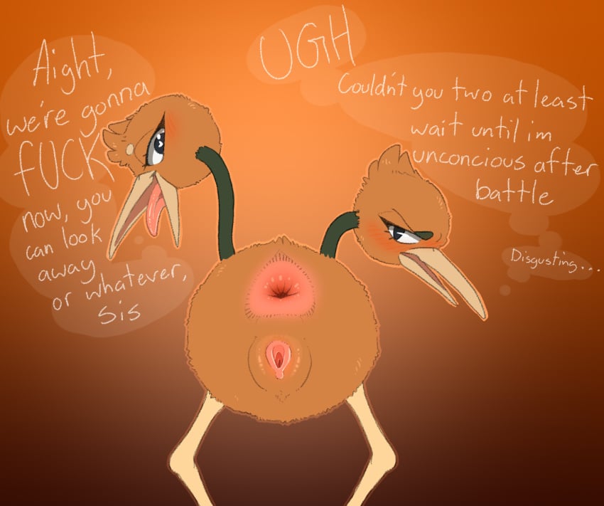 2024 2_heads anus ass avian backsash bird blush brown_body dialogue digital_media_(artwork) dodrio doduo english_text female feral fur generation_1_pokemon genitals hair heart_eyes heart_symbol hi_res looking_at_viewer looking_back mammal multi_head nintendo nude open_mouth pokemon pokemon_(species) presenting presenting_hindquarters pussy simple_background smile solo speech_bubble text