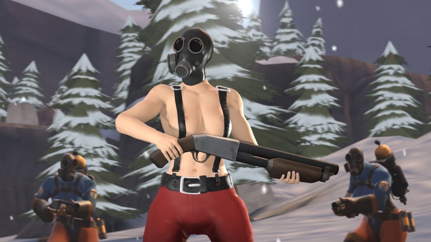 3d female_pyro fempyro gun snow suspenders tf2 tits_out