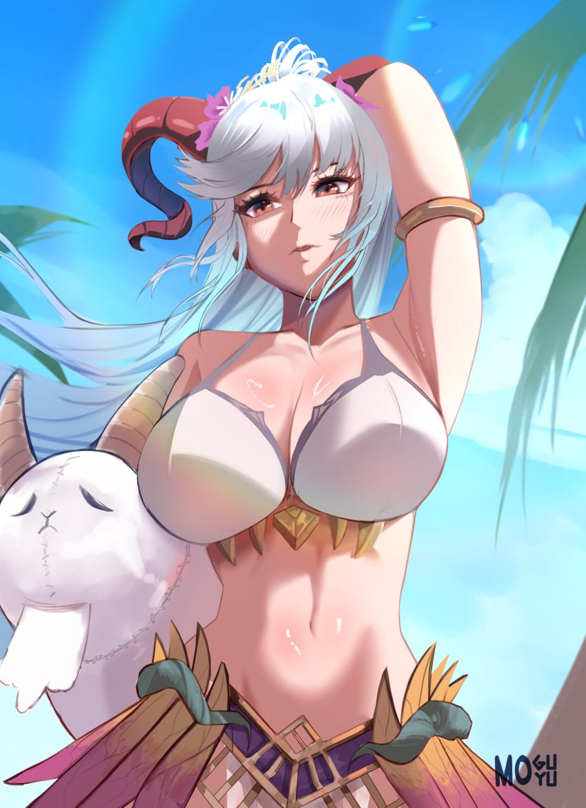 1girls alternate_costume bikini cleavage fire_emblem fire_emblem_heroes freyja_(fire_emblem) freyja_(summer)_(fire_emblem) grey_hair horns large_breasts mogumoyu nintendo official_alternate_costume one_arm_up outdoors plushie red_eyes swimsuit white_bikini white_swimsuit