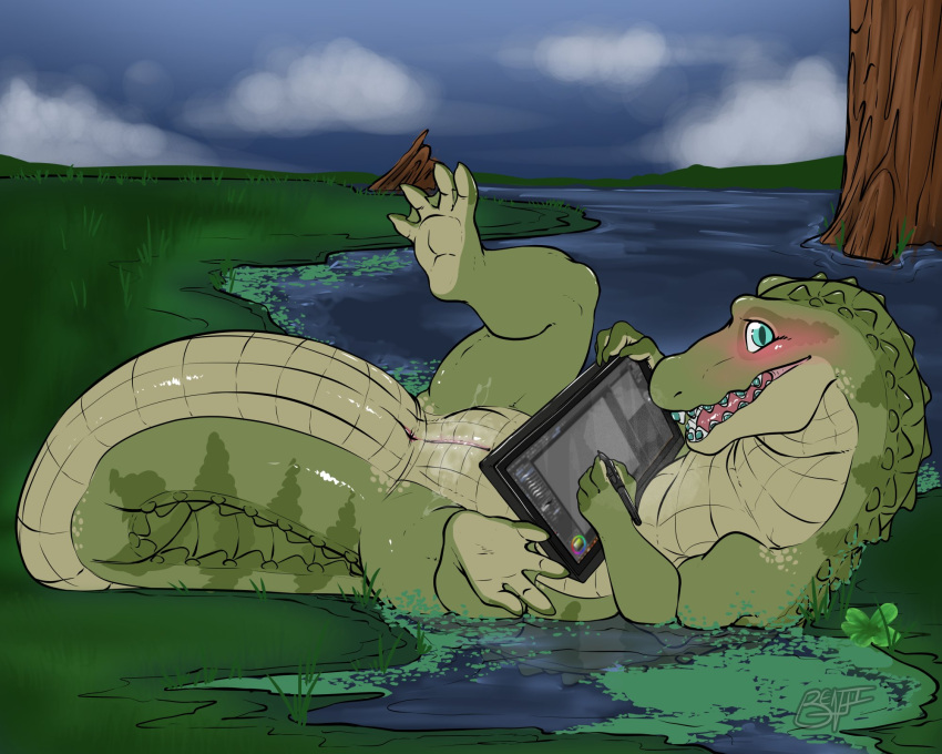 alligator alligatorid animal_genitalia anthro benji_(artist) benji_alligator_(benji) blush braces crocodilian detailed_background drawing_tablet fangs feet genital_slit genitals hi_res looking_at_viewer male membrane_(anatomy) reptile scalie semi-anthro sharp_teeth slitfluid smile solo spread_legs spreading teeth toes webbed_feet