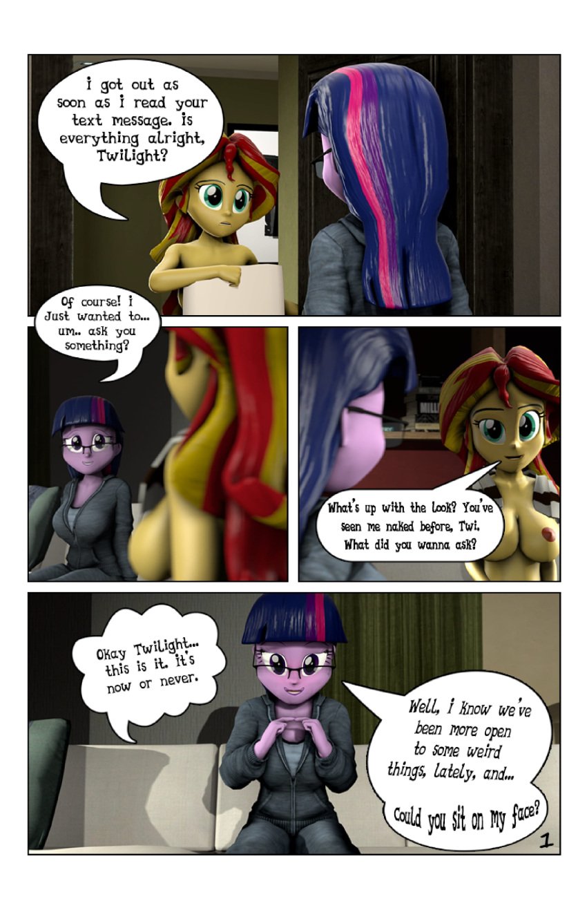 3d breasts clothing comic equestria_girls female glasses living_room my_little_pony_friendship_is_magic naked naked_female nipples nude optica page_1 purple_body purple_eyes purple_hair red_hair source_filmmaker sunset_shimmer text tits twilight_sparkle_(mlp) yellow_body yellow_hair