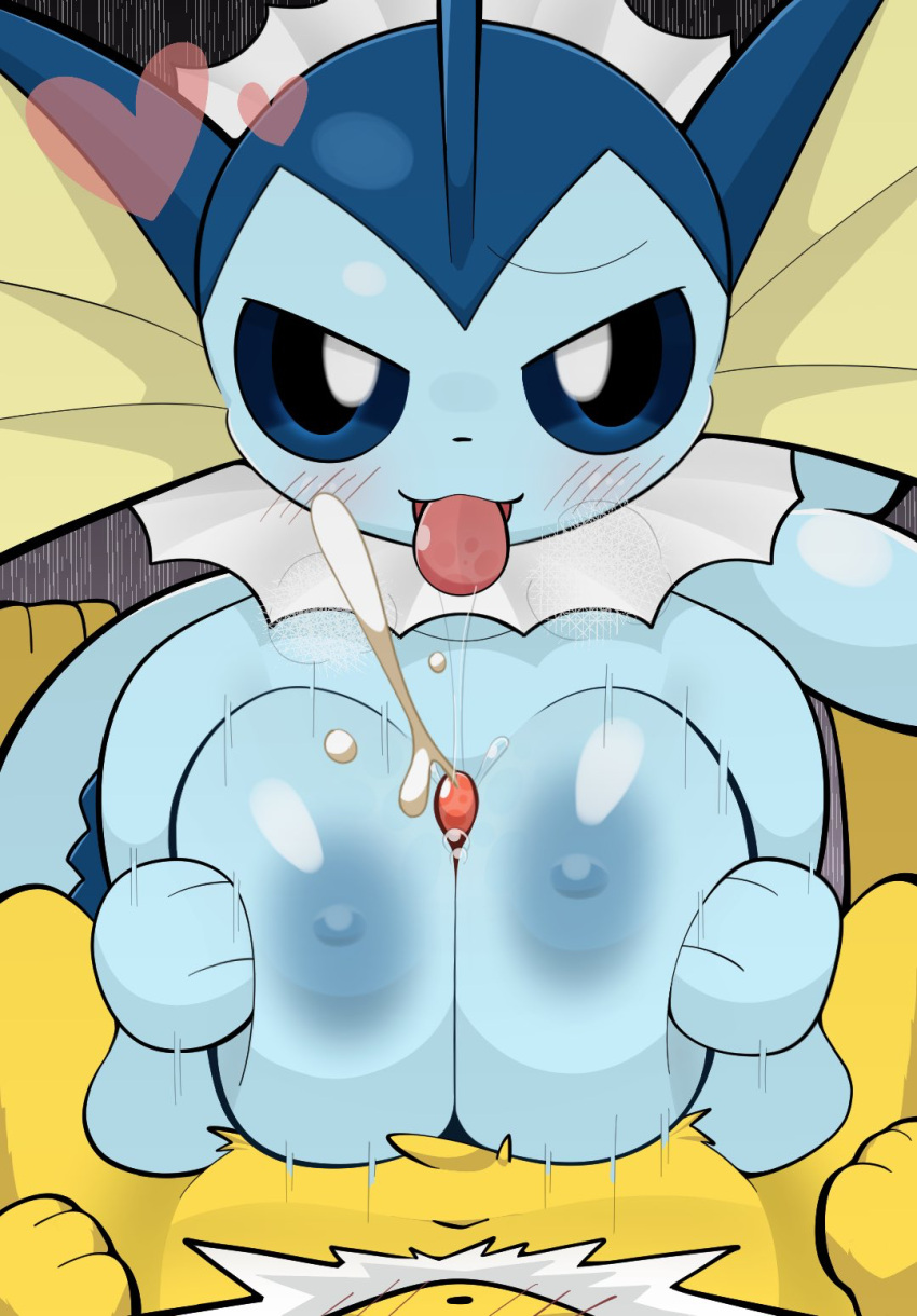 1boy 1girls 2d 2d_(artwork) anthro areolae big_breasts blue_eyes blue_skin blush boobjob breasts creatures_(company) cum duo ejaculation female furry furry_only game_freak generation_1_pokemon genitals hand_on_breast heart huge_breasts jolteon large_breasts male nintendo nipples no_humans open_mouth paizuri penis pokemon pokemon_(species) projectile_cum sateco sex squeezing squeezing_breasts straight straight_sex tail titfuck titjob tongue tongue_out vaporeon yellow_fur