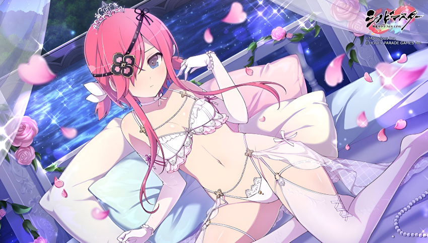 bare_belly bare_shoulders bed bed_sheet belly_button blush body_blush bra breasts bride cleavage closed_mouth elbow_gloves eyepatch feet garter_belt garter_straps gloves kazakiri_(senran_kagura) lingerie long_hair marvelous official_art panties pink_hair purple_eyes senran_kagura senran_kagura_new_link shiny_skin sitting small_breasts thighhighs thighs tiara underwear wedding_lingerie white_bra white_gloves white_panties white_thighhighs yaegashi_nan