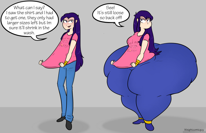 1girls ass ass_expansion before_and_after bottom_heavy english_text female female_focus female_only hips hyper hyper_ass hyper_hips large_ass purple_eyes purple_hair text text_bubble thick_thighs thighs weightcomicguy wendy_(weightcomicguy) wide_hips