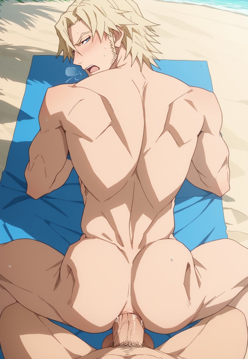 abs ai_generated bara biceps blonde_hair blue_eyes gay great_pretender ilovementits laurent_thierry male male_only manly muscular muscular_male pecs sideburns thighs yaoi