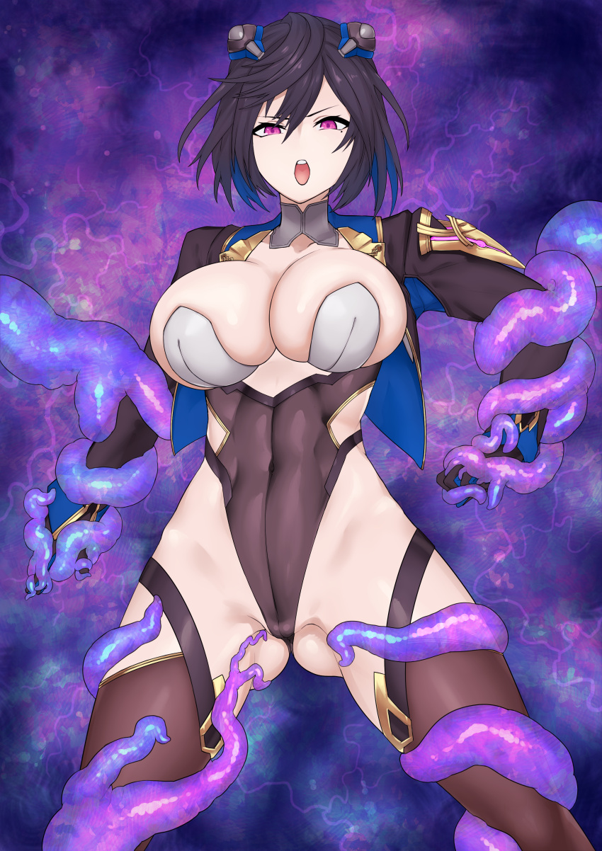 angry angry_face ass_visible_through_thighs black_hair female hair_ornament hi_res horshid_(pso2) large_breasts legs_spread leotard looking_at_viewer mole_under_eye moriyasaki open_mouth phantasy_star_online_2 purple_eyes restrained revealing_clothes short_hair skin_tight solo tentacle tentacle thighhighs