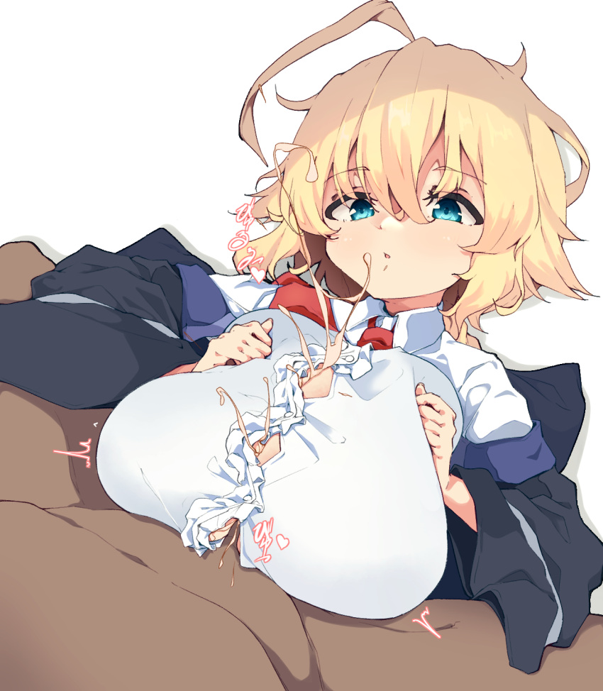 1boy 1girls ahoge black_jacket blazblue blonde_hair blue_eyes breasts button_gap commentary_request cum cum_on_breasts cumshot dark-skinned_male dark_skin es_(xblaze) female hair_between_eyes highres huge_breasts jacket light-skinned_female light_skin long_sleeves motion_lines necktie paizuri red_necktie short_hair simple_background solo_focus spy_artservice straight white_background xblaze xblaze_code:_embryo