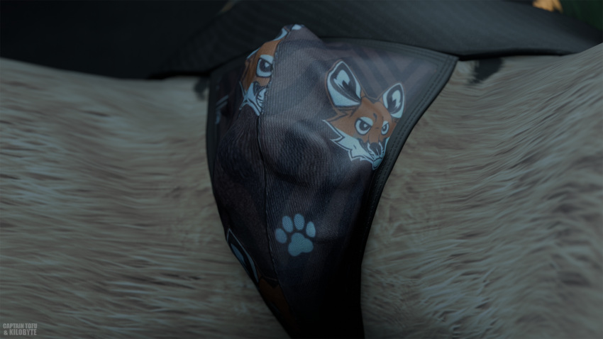 16:9 3d_(artwork) anatomically_correct anthro black_body black_fur blender_(artwork) blue_body blue_fur brown_clothing brown_jockstrap brown_underwear bulge canid canine captain_tofu close-up clothing digital_media_(artwork) duo fox fur green_body green_fur hi_res jockstrap kilobytefox macro male male/male mammal micro rexouium shy solo_focus tan_body tan_fur text underwear widescreen