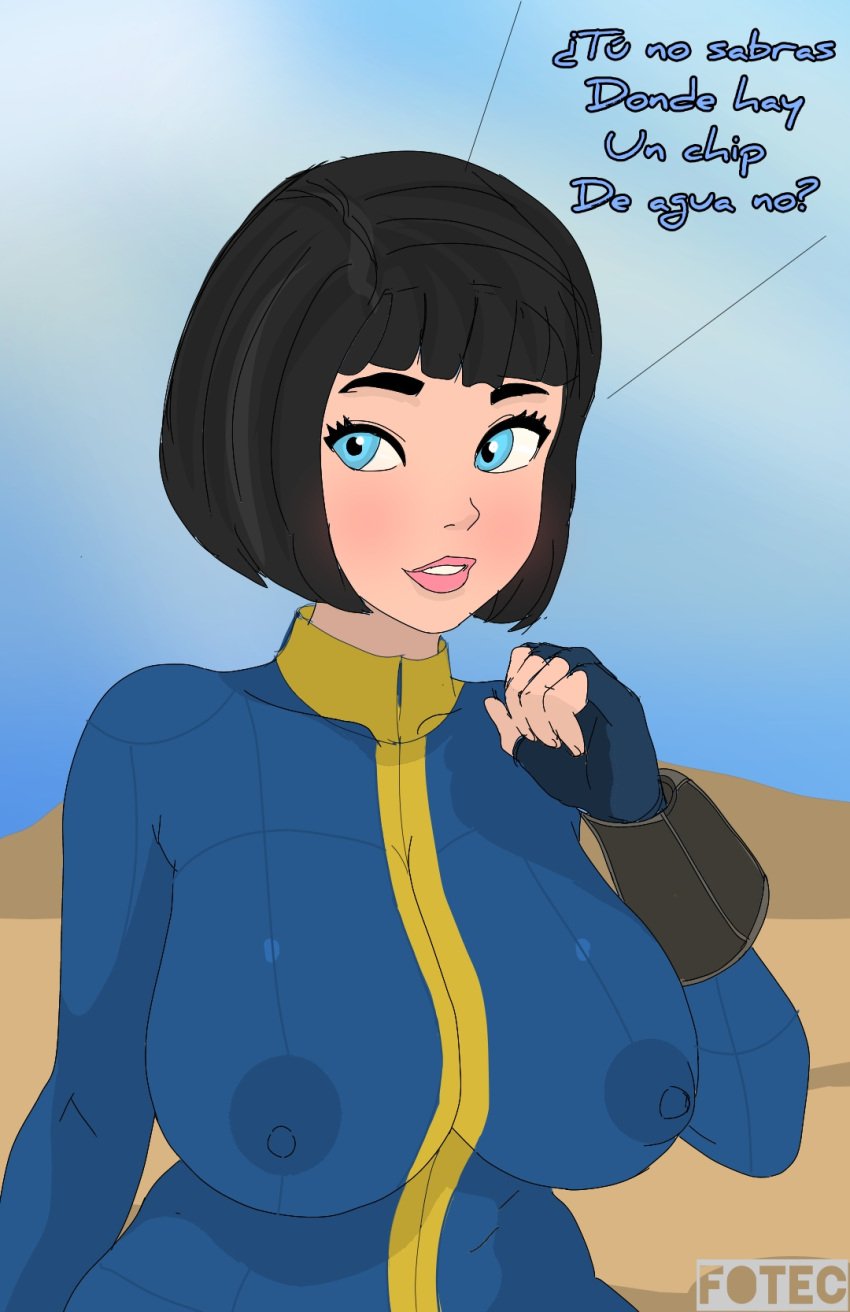 big_breasts black_hair fallout fotec lips nipple_bulge nipples nipples_visible_through_clothing pip-boy rope spanish_text suit text vault_girl vault_suit