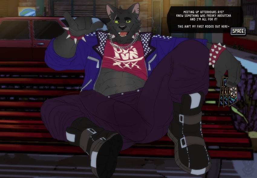 anthro balls bara barazoku boner bulge clothing domestic_cat erection erection_under_clothes feline feline flufflecraft friends_vs_friends furry male male_only muscles muscular penis sitting solo solo_male spike_remington_(friends_vs_friends) spread_legs text_box