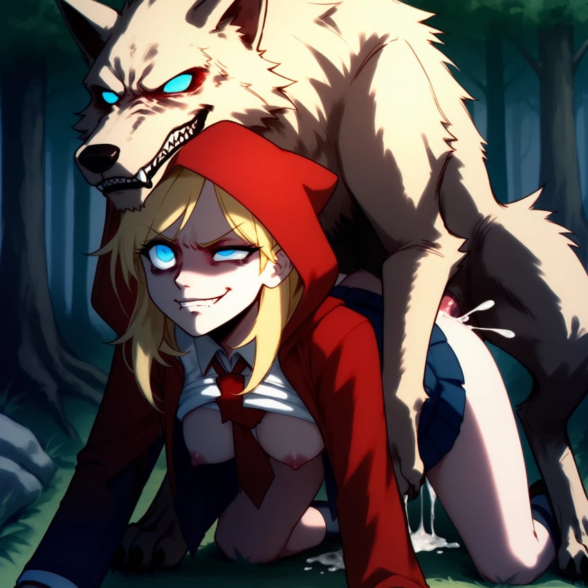 1dog 1girl ai_generated animal blonde_hair blue_eyes breasts canine forest night red_hot_riding_hood sex sex_from_behind tree wolf zoophilia