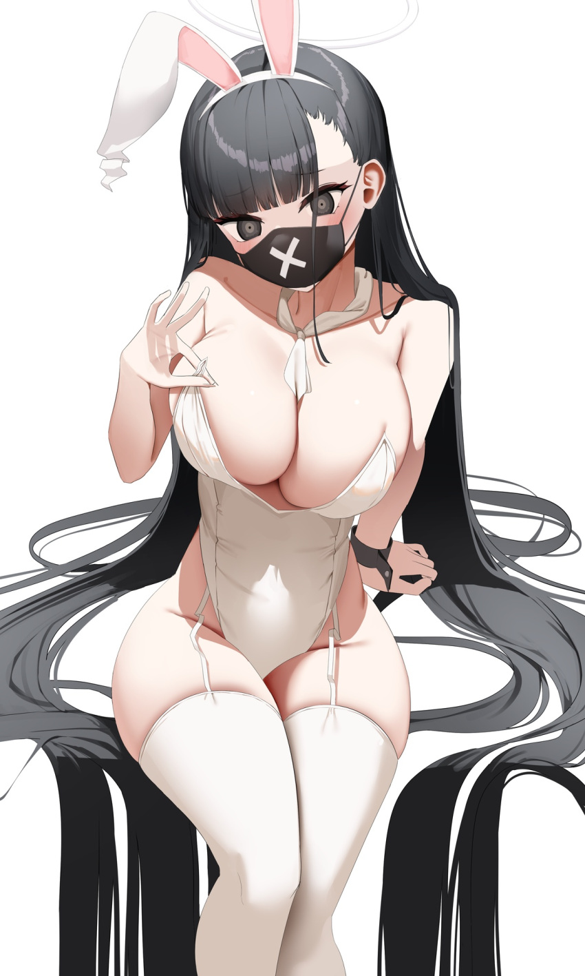 1girls black_eyes black_hair blush breasts bunny_ears bunnysuit cleavage collarbone cuffs halo huge_breasts long_hair mask nicorima sukeban_(smg)_(blue_archive) thighhighs thighs white_background white_bunnysuit white_thighhighs