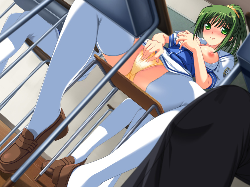 blush breasts clothed_masturbation clothing game_cg green_hair hoshizuki_akira large_breasts masturbation nipples panties seifuku soushinjutsu_3 soushinjutsu_rei stockings thighhighs underwear