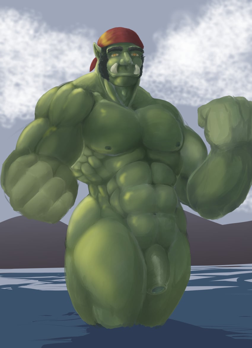 abs cloud colored day foreskin genitals green_body green_nipples green_penis green_skin hi_res humanoid male mountain muscular muscular_male nipples nude orc orc_male outdoors pandottermon penis penis_tip sky solo solo_male standing_in_water teeth teeth_showing thick_penis