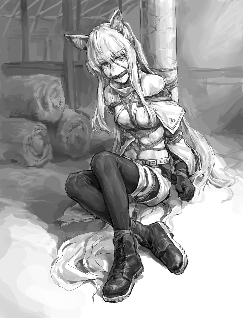 a_tea animal_ears arknights bound female female_only horse_ears horse_girl monochrome platinum_(arknights) stable topless