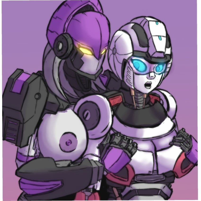 2girls arcee arcee_(rotb) big_breasts blue_eyes breasts female female_only glowing_eyes lesbian mask masked_female mechavee nightbird nightbird_(transformers) nipples purple_nipples robot robot_girl robot_humanoid transformers transformers_rise_of_the_beasts yellow_eyes yuri