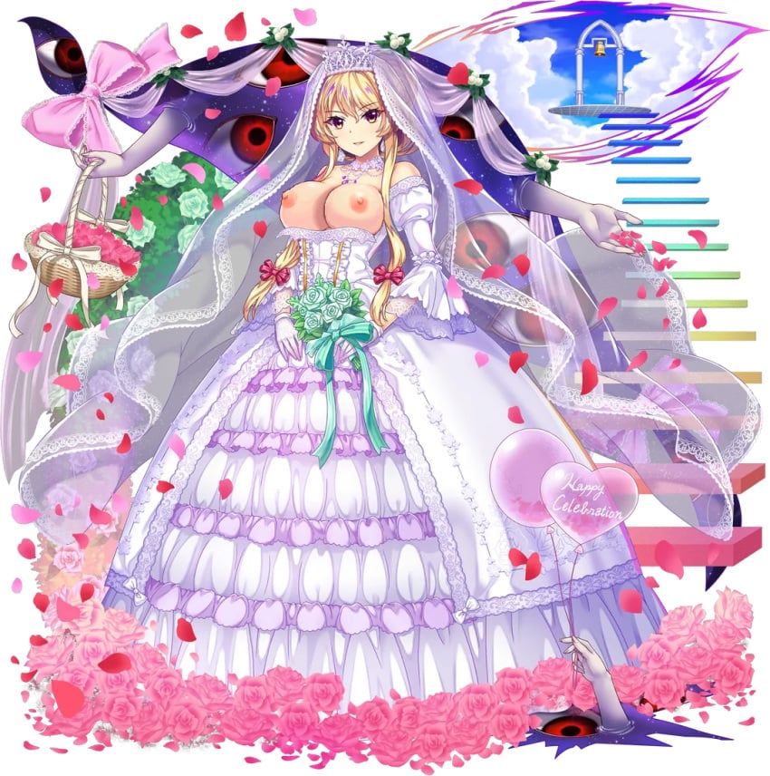 arms balloon bell blonde_hair bouquet breasts_out bridal_veil bush clouds collar earrings edit eyes flower nipples no_bra nude_filter off_shoulder ribbon rose sky space stairs starry_sky third-party_edit tiara touhou touhou_lost_word twintails wedding_dress yellow_eyes yukari_yakumo