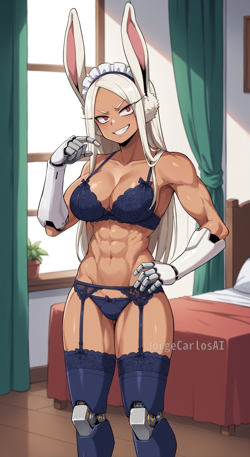 1girls abs ai_generated bed bedroom big_breasts boku_no_hero_academia breasts bunny_ears bunny_girl bunnygirl cleavage curtains dark-skinned_female dark_skin female female_focus female_only garter_belt garter_straps joints jorgecarlosai lingerie lingerie_bra lingerie_only lingerie_panties maid_headdress maid_outfit maid_uniform mirko miruko muscular muscular_female my_hero_academia navel plant purple_lingerie purple_underwear red_eyes robot_arm robot_arms robot_joints robot_leg robot_legs rumi_usagiyama toned toned_arms toned_belly toned_body toned_female toned_legs watermark white_hair window