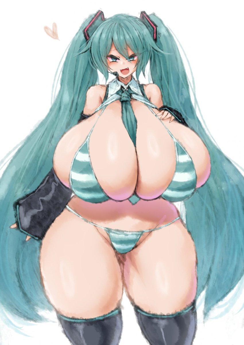 1girls 2b213 between_breasts big_breasts blue_hair breasts detached_sleeves fang female female_focus female_only green_hair hair_ornament hatsune_miku huge_breasts large_breasts large_tits massive_breasts massive_tits open_mouth striped_bikini thick_thighs thighs twintails very_long_hair