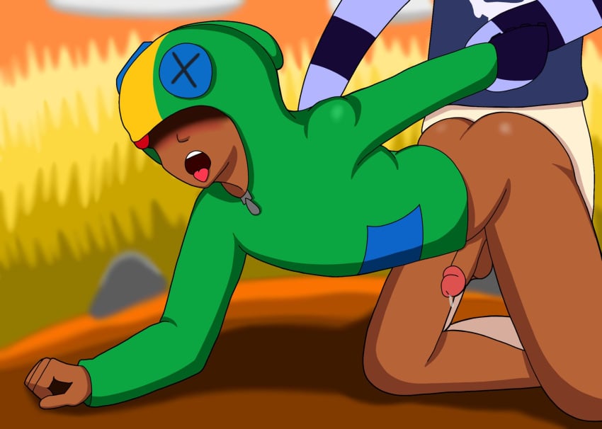 2boys ambiguous_penetration arm_behind_head bent_over brawl_stars edgar_(brawl_stars) eyes_covered femboy gay hoodie leaking_cum leon_(brawl_stars) male male/male open_mouth outdoors outside penis sex tongue_out