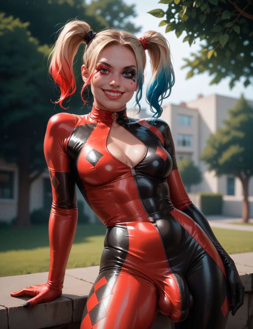 ai_generated bicolored_hair big_breasts blonde_hair bodysuit bulge futanari harley_quinn makeup stable_diffusion synth_canvas tagme thick_thighs