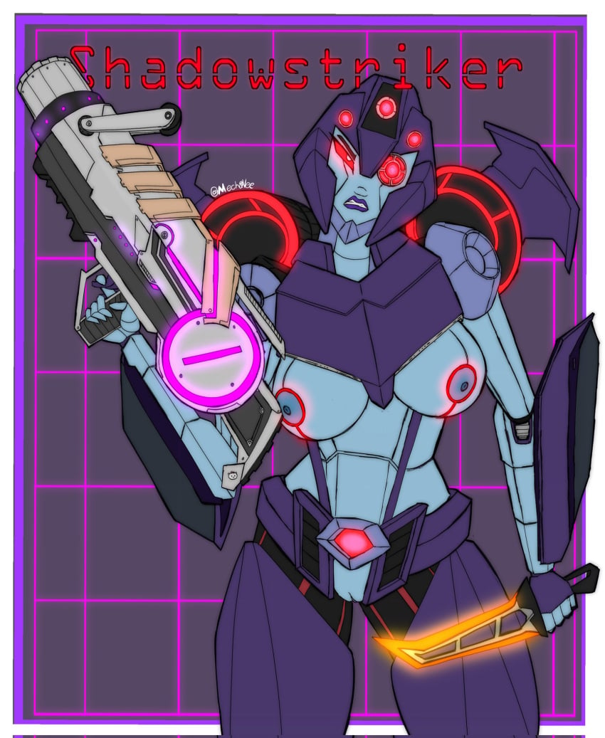 1girls big_breasts breasts female female_only gun knife mechavee nipples purple_lipstick pussy red_eyes robot robot_girl robot_humanoid shadowstriker solo solo_female transformers transformers_cyberverse vagina