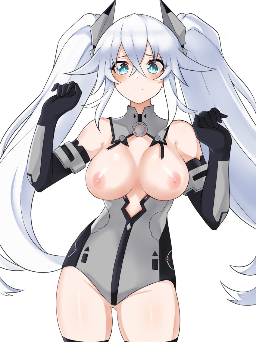 arms_up bare_shoulders black_heart blush bodysuit breasts elbow_gloves goddess light_skin long_hair looking_down neptunia_(series) nipples noire simple_background solo twintails white_hair zatsu