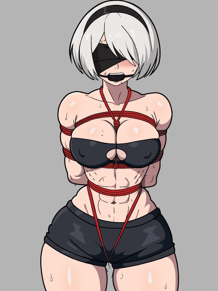 1girls abs arms_tied_behind_back big_breasts black_shorts blindfold bondage bottomwear breasts cleavage eyewear female female_only frixitied hair harness hips mouth_gag muscles nier nier:_automata nier_(series) nipple_bulge pussy_floss rope_bondage rope_harness shibari shibari_over_clothes short_hair shorts solo solo_female sweat sweatdrop thighs tied_arms topwear white_hair yorha_2b