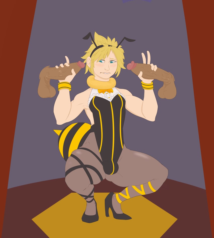 biting_lip blonde_hair blue_eyes blush cloud_strife cock disembodied_penis femboy feminine_male final_fantasy final_fantasy_vii final_fantasy_vii_remake girly guy handjob heels male male/male male_on_femboy male_only square_enix squatting stitchwool