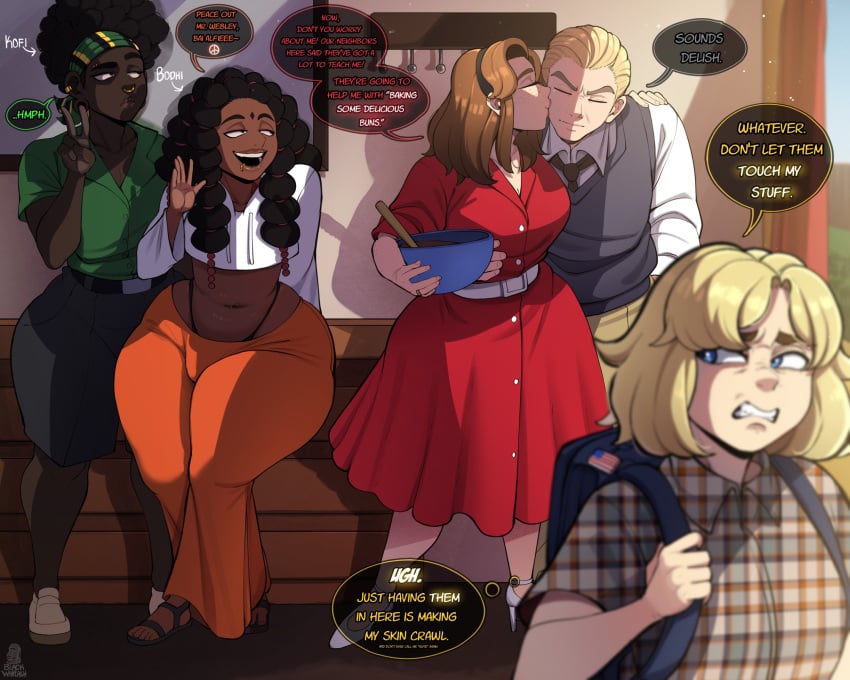 1girls 2024 4boys alfred_webley_jr. alfred_webley_sr. blackwhiplash blonde_hair blonde_hair_male bodhi_(blackwhiplash) bwl cheating_wife dark-skinned_male dark_skin dialogue dress english_text female femboy forehead_mark heels hi_res high_resolution highres husband_and_wife kissing kissing_cheek kofi_(blackwhiplash) light-skinned_female light-skinned_male light_skin lip_piercing martha_webley_(blackwhiplash) mature mature_female mature_male milf nose_piercing oc original original_character original_characters red_dress small_waist text thick_thighs waving wide_hips