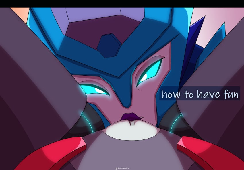 2girls blue_eyes chromia english_text glowing_eyes mechavee oral purple_lipstick pussy pussy_eating robot robot_girl robot_humanoid text transformers transformers_cyberverse vagina windblade yuri