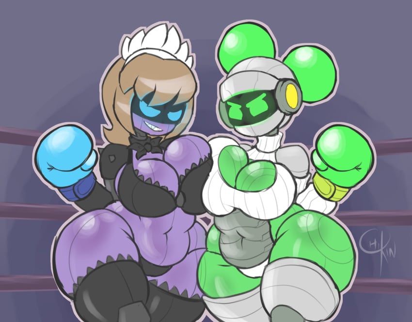 2girls big_breasts boxing boxing_gloves boxing_match boxing_ring breast_press breast_squish breast_to_breast breasts chikin_(artist) cleavage female_focus female_only flo_(chikin) huge_breasts imminent_fight large_breasts original paddia_(waifuwars) plump robot robot_girl thick thick_thighs thighs vs