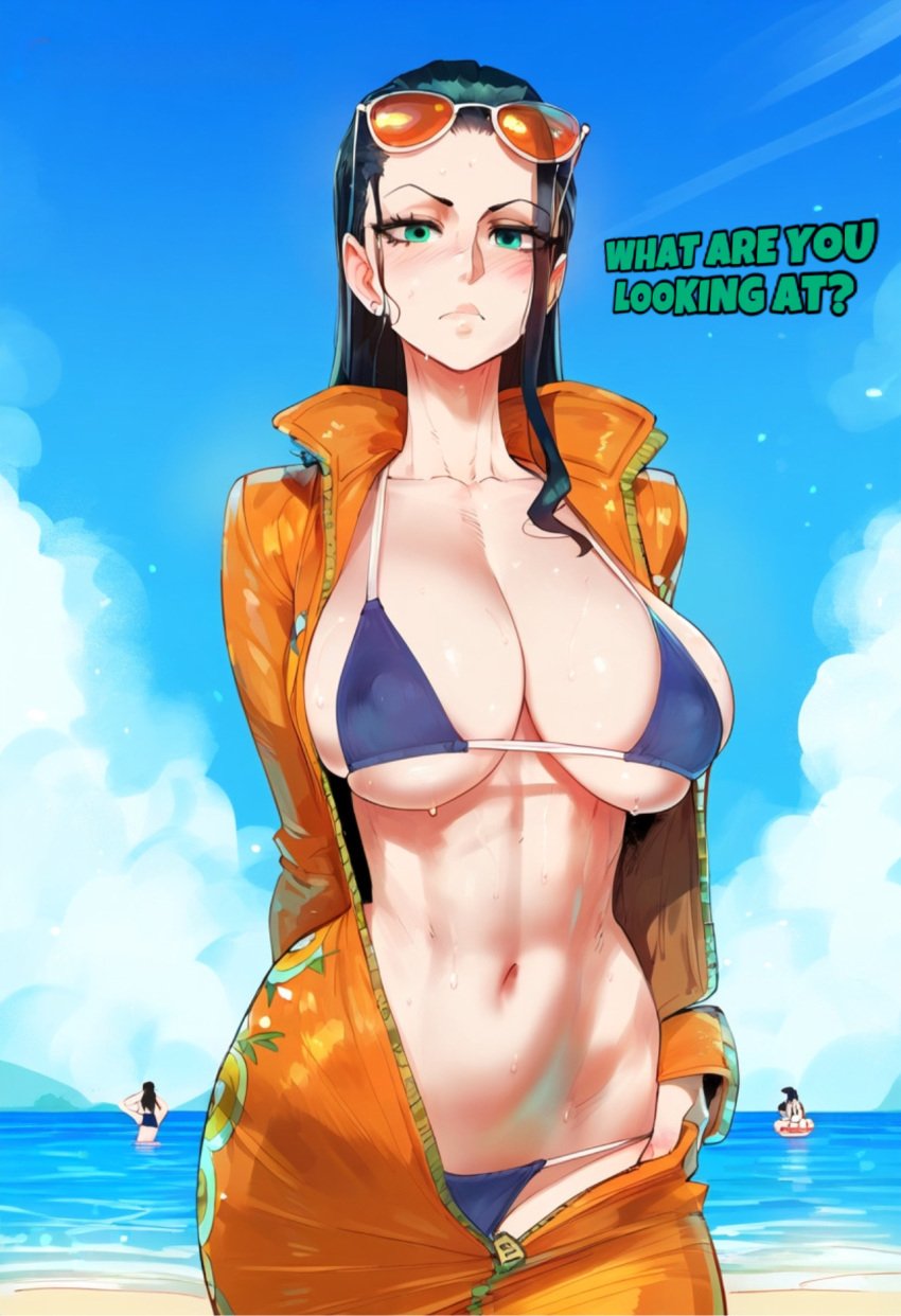 1girls ai_generated beach bikini black_hair busty female female_only green_eyes haughty haughty_face large_breasts light-skinned_female light_skin looking_at_viewer navel nico_robin one_piece open_clothes pov pov_eye_contact secretly_loves_it solo solo_female solo_focus staring_at_breasts sunglasses sunglasses_on_head sweat wet yelua