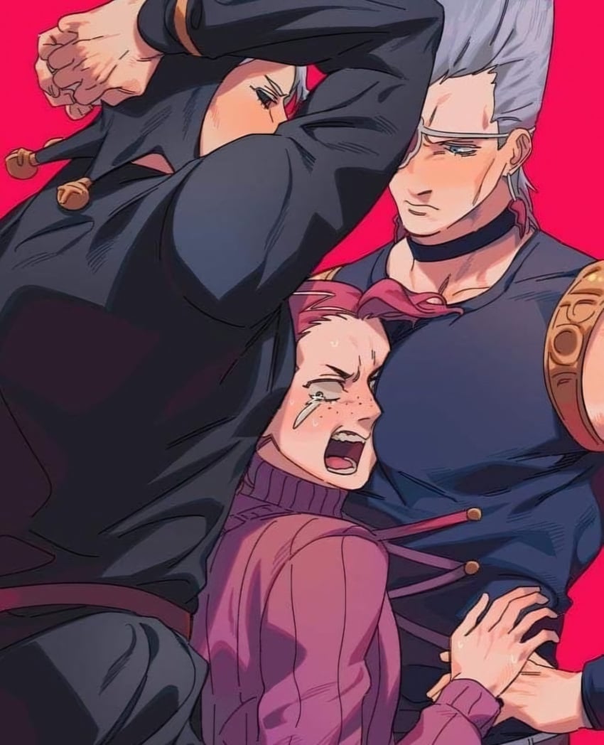 3boys black_sclera flushed hands_behind_head jean_pierre_polnareff jojo's_bizarre_adventure looking_at_another looking_down looking_scared male_focus male_only manboobs my_turn ok open_mouth pink_hair risotto_nero sandwiched silver_hair simple_background size_difference smaller_male surprised taller_male vento_aureo vinegar_doppio