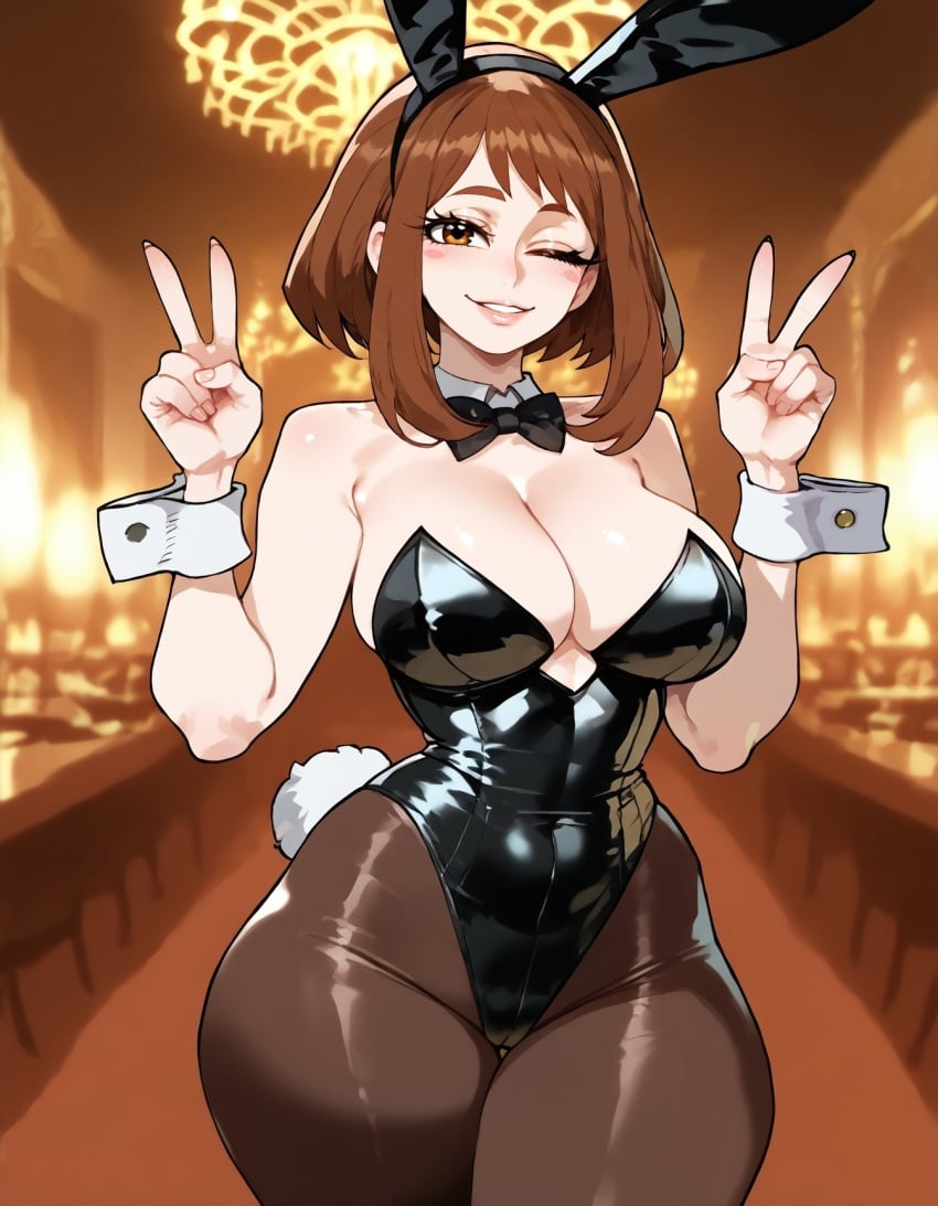 1girls ai_generated bare_arms bare_shoulders big_breasts blush brown_eyes brown_hair bunny_ears bunnysuit clothed clothing color dark-skinned_male female female_focus female_only floppydisc hi_res large_breasts light-skinned_female light_skin looking_at_viewer my_hero_academia ochako_uraraka pantyhose short_hair solo solo_female tagme thick_thighs