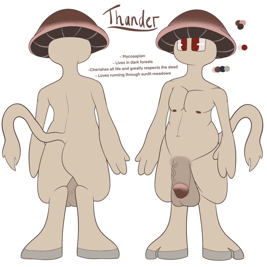 3_fingers absurd_res anthro balls big_balls big_penis darkened_genitalia digitigrade elemental_creature elemental_humanoid fingers fungi_fauna fungi_humanoid fungus genitals hi_res hooves humanoid humanoid_genitalia humanoid_penis male model_sheet mushroom mushroom_humanoid mycosapien nipples nude penis solo tail thander_(thanderfungi) thanderfungi