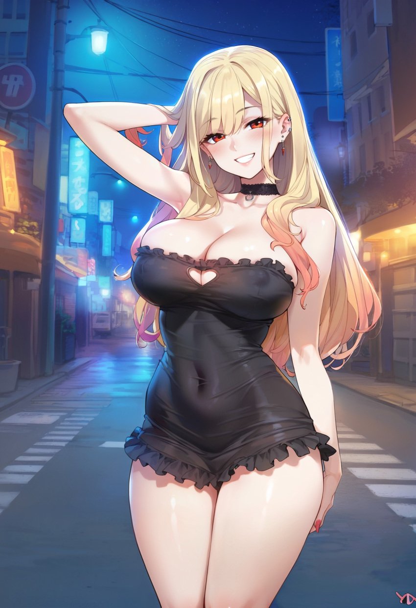 ai_generated black_dress blonde_hair breasts choker cleavage dress kitagawa_marin large_breasts long_hair looking_at_viewer mommy night red_eyes short_dress smile solo sono_bisque_doll_wa_koi_wo_suru strapless strapless_dress