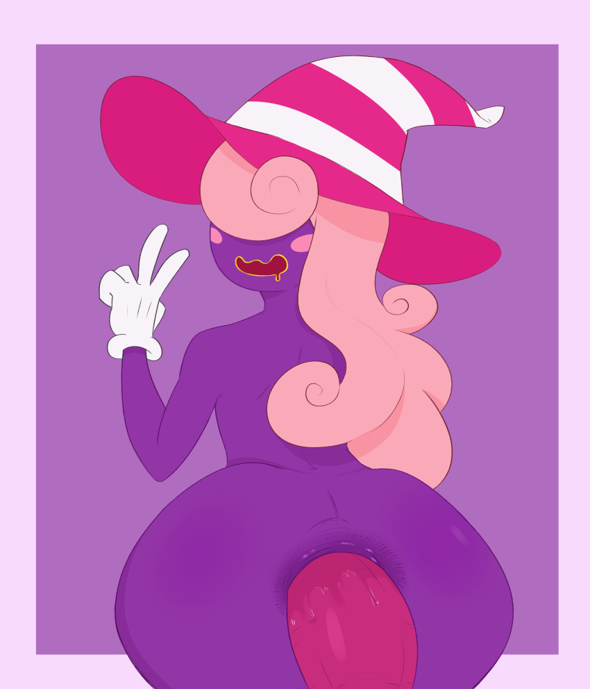 5_fingers absurd_res ambiguous_gender anus ass big_butt blush blush_stickers bodily_fluids clothing dildo dildo_insertion drooling femboy fingers gesture ghost gloves hair hair_over_eyes hand_gesture handwear hat headgear headwear hi_res humanoid lips lube lube_on_dildo mario_(series) nintendo paper_mario paper_mario:_the_thousand_year_door pattern_clothing pink_hair purple_body purple_skin saliva sex_toy sex_toy_insertion shadow_siren solo spirit stitchwool striped_clothing stripes trap v_sign vivian_(paper_mario) white_clothing white_gloves white_handwear wide_hips witch_hat yellow_lips