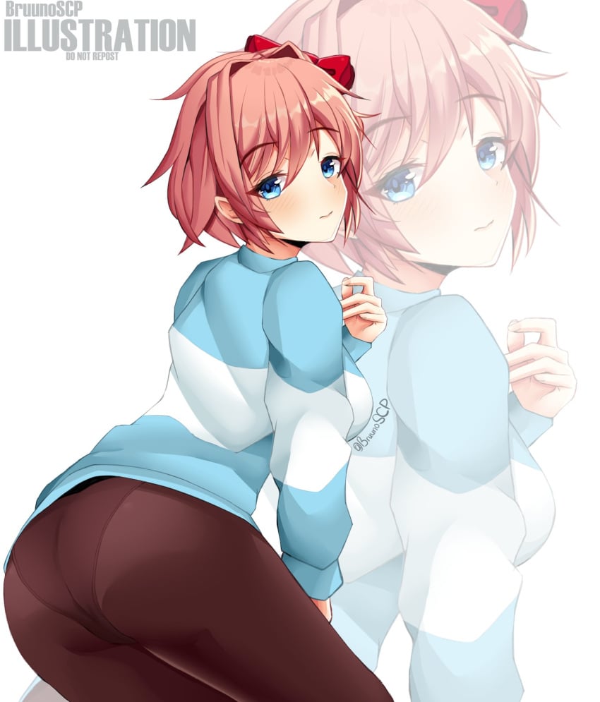 1female 1girls artist_name ass blue_eyes blue_sweater blush bow breasts bruunoscp butt casual disheveled_hair doki_doki_literature_club expressionless eyebrows eyebrows_raised from_behind hair_between_eyes hair_bow hairbow hand_on_hip hand_up just_sayori large_breasts leaning leaning_forward leggings looking_back panties panties_under_leggings pink_hair red_bow sayori_(doki_doki_literature_club) simple_background sweater white_background white_sweater zoom_layer