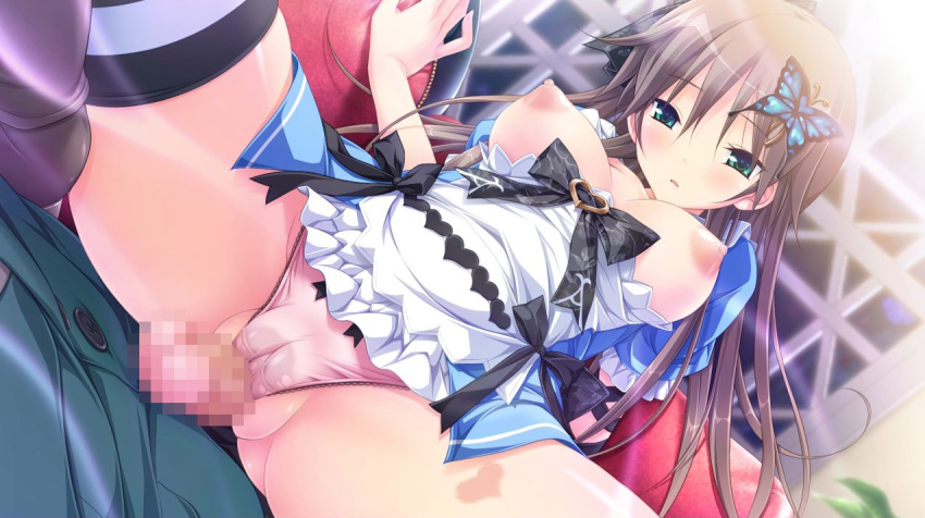 16:9 approximated_aspect_ratio breasts brown_hair cameltoe censored game_cg green_eyes grinding hapimea koku outercourse panties thighhighs underwear