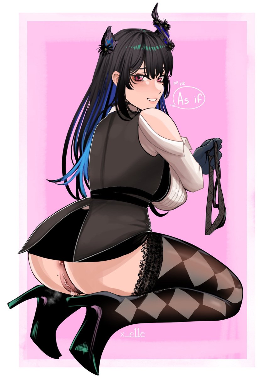 1girls anus anus_peek artist_name asymmetrical_horns beauty_mark black_hair blue_hair broken_horn colored_inner_hair demon_girl demon_horns english_text female female_only female_pubic_hair high_heels holding_object holding_panties hololive hololive_english hololive_english_-advent- horns light-skinned_female light_skin long_hair mole mole_under_eye nerissa_ravencroft pink_eyes pubic_hair pubic_hair_peek pussy skirt solo speech_bubble text virtual_youtuber x_e11e