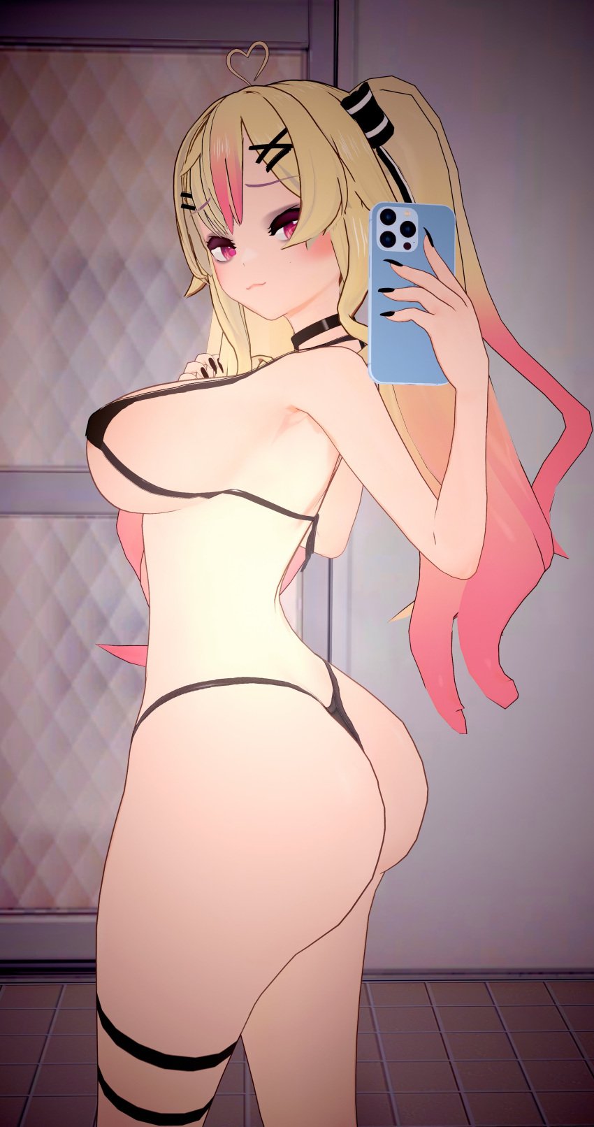 1girls 3d ahoge areola_slip ass big_ass big_breasts bikini black_nails blonde_hair breasts choker deluxe_rosie eyeshadow female female_only heart_ahoge hips hourglass_figure indie_virtual_youtuber indoors leg_strap light-skinned_female light_skin long_hair looking_at_viewer micro_bikini mirror mirror_selfie multicolored_hair nipple_bulge pink_eyes pink_hair revealing_clothes selfie smile solo solo_female standing string_bikini suko_(vtuber) thick_thighs thighs thin_waist twintails virtual_youtuber wide_hips