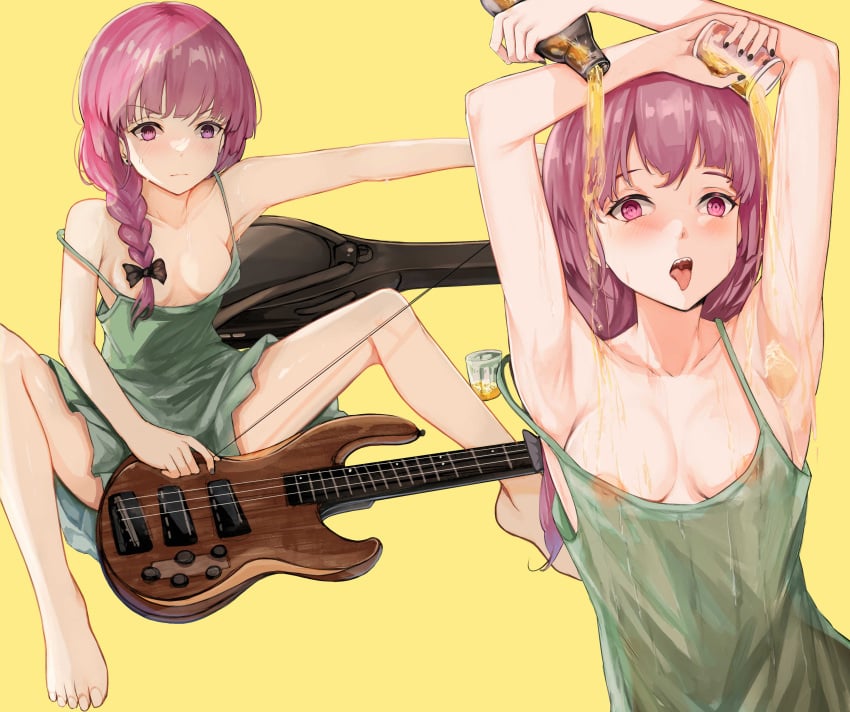 1girls alcohol areola_slip areolae armpits bass_guitar black_nail_polish black_nails bocchi_the_rock! breasts clothing dress drunk female female_only glass green_dress guitar hair hair_ornament hiroi_kikuri medium_breasts nail_polish nails nui_gurumi pink_eyes pink_hair pouring pouring_on_self pouring_onto_self ribbon solo solo_female tongue tongue_out