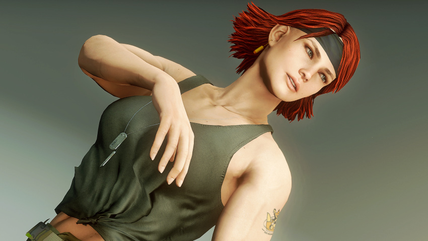 1girls 3d 3d_(artwork) 3d_model bandana clothed female_focus female_only female_solo gradient_background hand_up meryl_silverburgh metal_gear metal_gear_solid red_hair toned upper_body