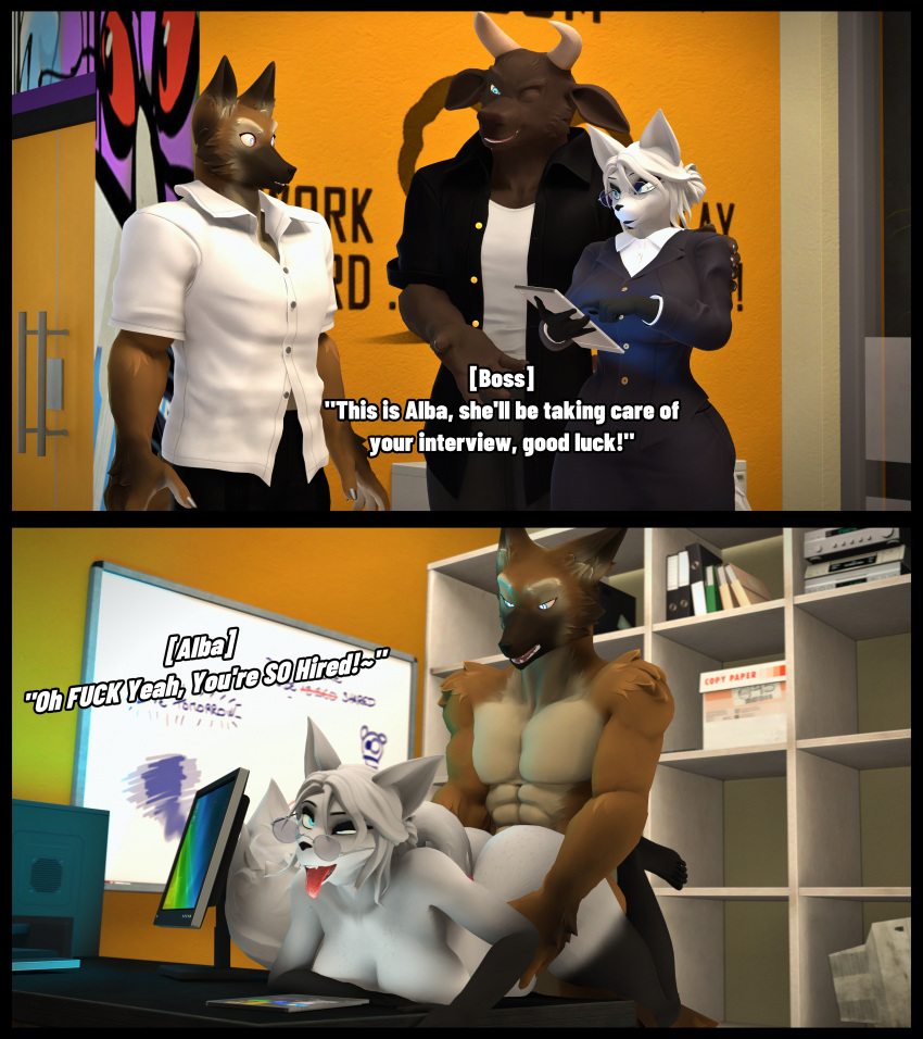 3d_(artwork) absurd_res ahe_gao alba_(domibun) anthro bovid bovine canid canine canis cattle cattle_(petruz) digital_media_(artwork) domibun female fox from_behind_position group hi_res hired job_interview looking_pleasured male male/female mammal sex source_filmmaker_(artwork) trio wolf wolf_(petruz) work_uniform