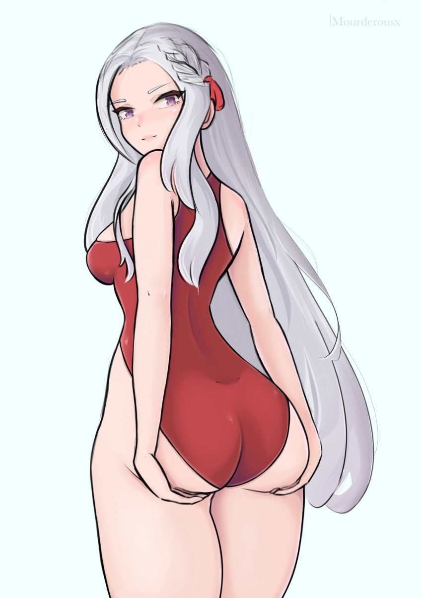 1girls alternate_costume ass ass_hold big_ass edelgard_von_hresvelg female female_only fire_emblem fire_emblem:_three_houses grey_hair hands_on_ass looking_at_viewer looking_back mourderousx nintendo presenting presenting_ass presenting_hindquarters purple_eyes red_one-piece_swimsuit red_swimsuit solo swimsuit