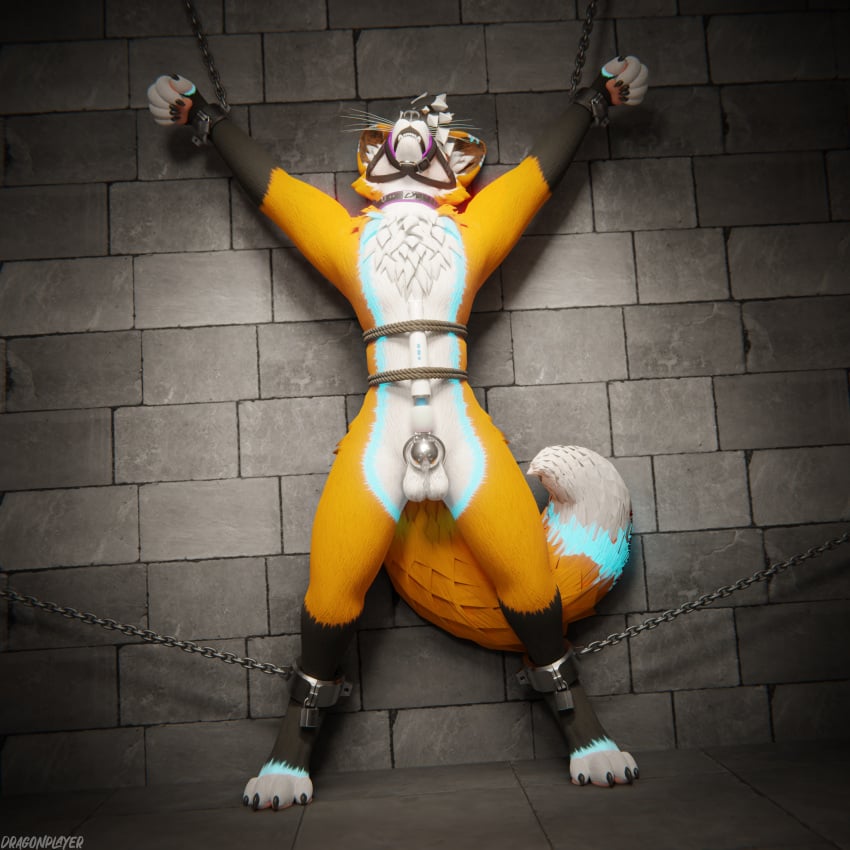 1:1 3d_(artwork) 4k absurd_res animal_genitalia animal_penis anthro anthro_on_anthro arms_tied balls basement biped black_body black_claws black_fur blender_(artwork) blender_cycles bodily_fluids bondage bondage bound cage canid canine canine_genitalia canine_penis canis canis_woof chained chained_cuffs chained_to_wall chains chastity_cage chastity_device claws clothing collar cuff_(restraint) cum cum_drip cum_dripping_from_penis cum_on_balls cum_on_chastity_cage cum_on_penis cyrashsurg depth_of_field digital_media_(artwork) dragonplayer dripping dungeon erection fox fur gag genital_fluids genitals hair hi_res inside knot leaking leaking_cum legs_tied magic_wand male mammal metal_chastity_cage metal_cuffs mouth_closed multicolored_body muzzle_(object) muzzle_gag muzzled orange_body orange_fur pain paws penile penis raised_arm reflection restraints rope sex_toy slim slim_anthro slim_male slim_sub smile solo struggling submissive submissive_male tail vibrator vibrator_on_chastity_cage vibrator_on_penis wand_vibrator white_body white_fur