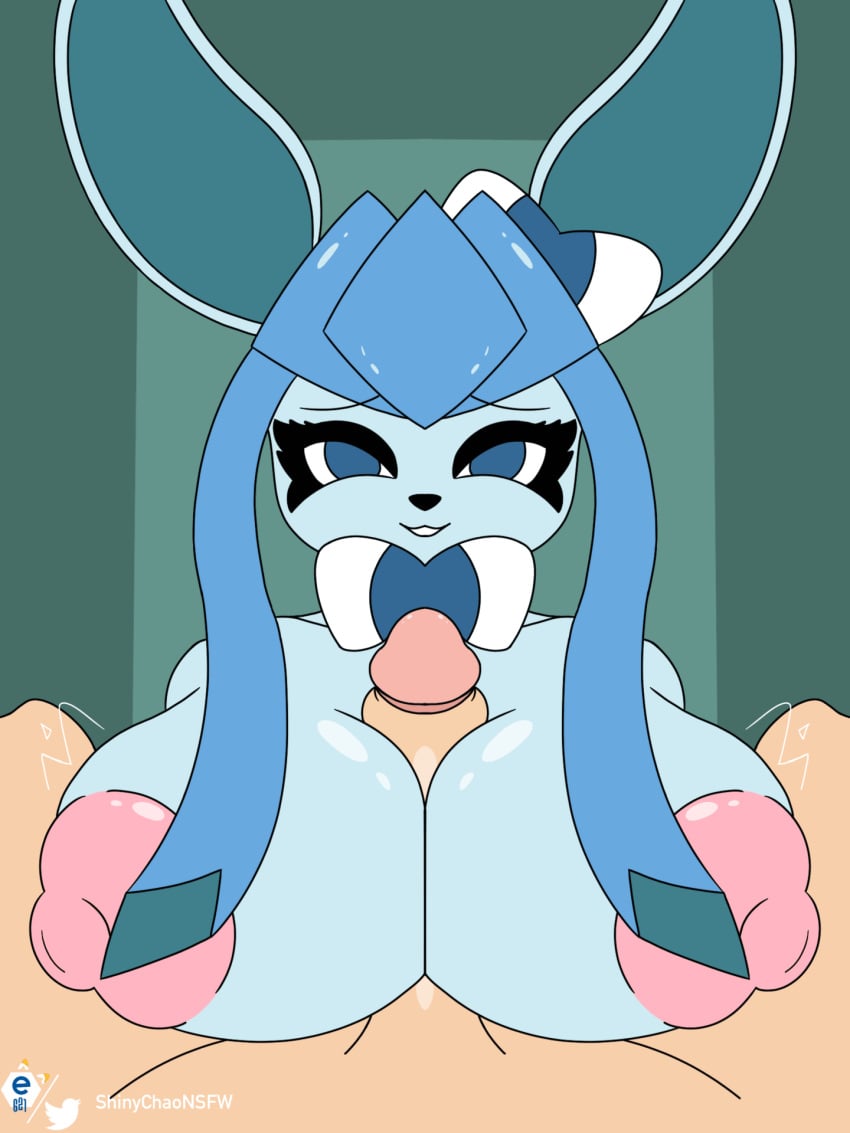 animated anthro anthrofied areola big_areola big_breasts big_ears black_nose blue_body blue_eyes blue_fur bow_(feature) breast_play breasts duo eeveelution female first_person_view foreskin front_view fur fusion generation_4_pokemon generation_6_pokemon genitals glaceon hi_res human male male/female mammal nintendo nipples nude nude_anthro paizuri penis pink_areola pink_nipples pokemon pokemon_(species) pokemon_fusion sex shinychaonsfw simple_background sylveon teeth titfuck titjob