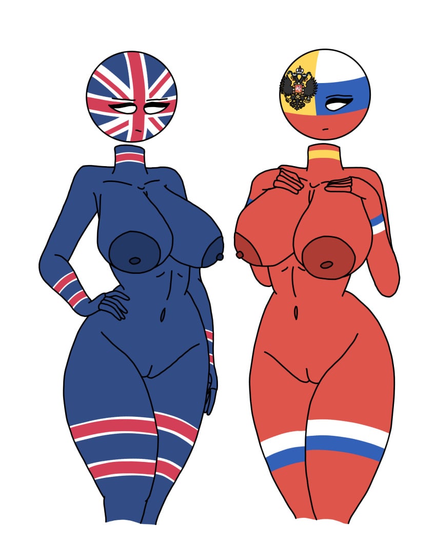 big_breasts breasts countryhumans countryhumans_girl duo erect_nipples eyebrows eyelashes female female_only huge_breasts human large_breasts looking_at_viewer naval_artist_(artist) pussy russian_empire_(countryhumans) smile united_kingdom_(countryhumans) wide_hips